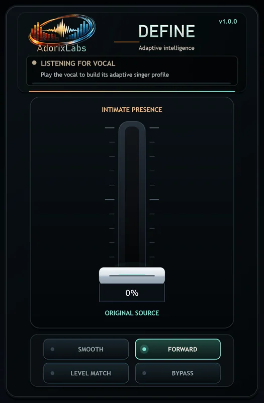 Animated AdorixLabs Define interface showing the Intimate Presence fader rising while its adaptive singer profile learns and then refines the vocal