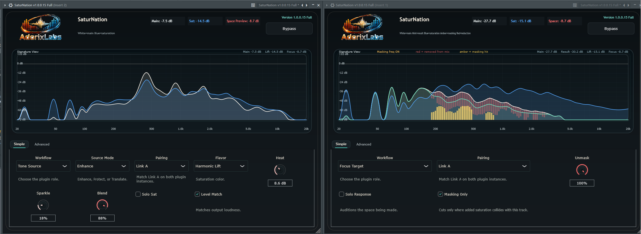 Two SaturNation instances in a session showing source saturation and paired harmonic unmasking